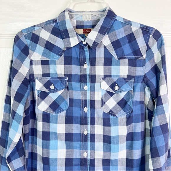 Ashley Western Style Blue Plaid Long Sleeve Button Down Shirt Size M - Picture 2 of 8